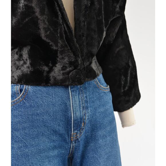 Vintage 50s 60s Black Faux Fur Dolman Sleeve Deep V Neck Cropped Jacket S M - Picture 6 of 7